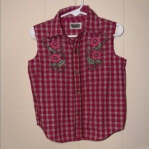 Girls' Sleeveless Pink Plaid Button-Down Shirt with Floral Embroidery